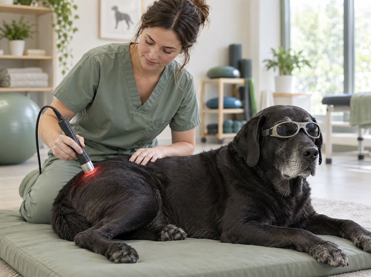 Labrador negro con gafas protectoras recibiendo terapia láser en la cadera