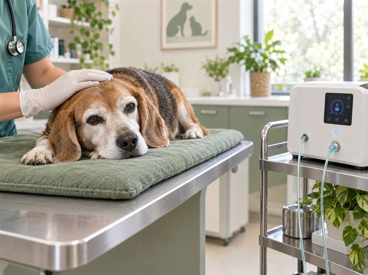 Beagle mayor descansando tranquilo junto a un generador de ozono médico en el consultorio