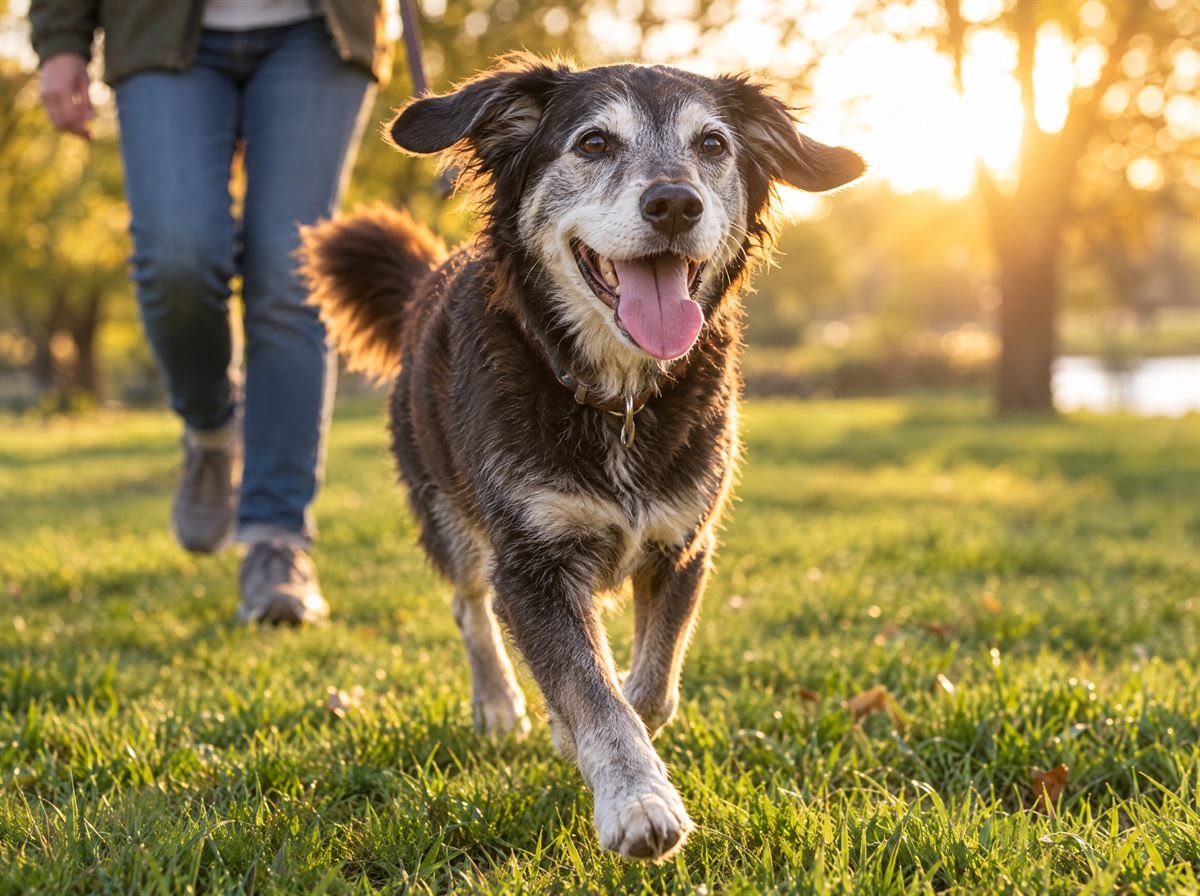 Perro senior de hocico gris corriendo feliz en el pasto de un parque al atardecer